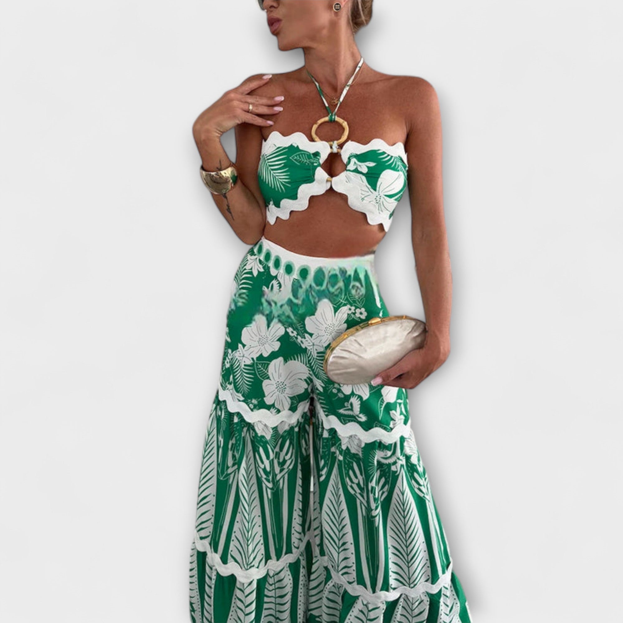 Zella – Wakacyjny komplet z topem halter i spodniami z wysokim stanem