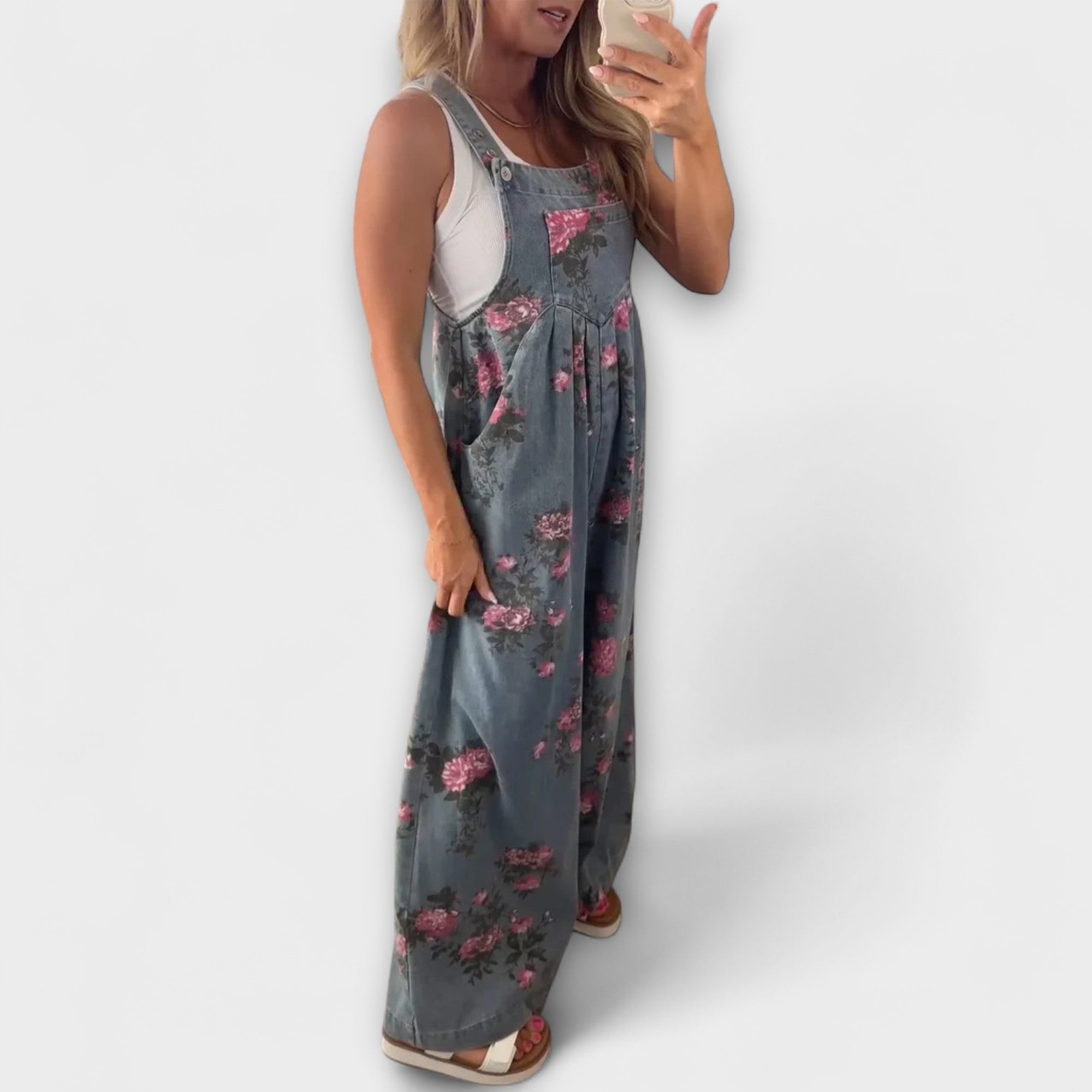 Karlin - Blumenmuster Weite Denim Latzhose