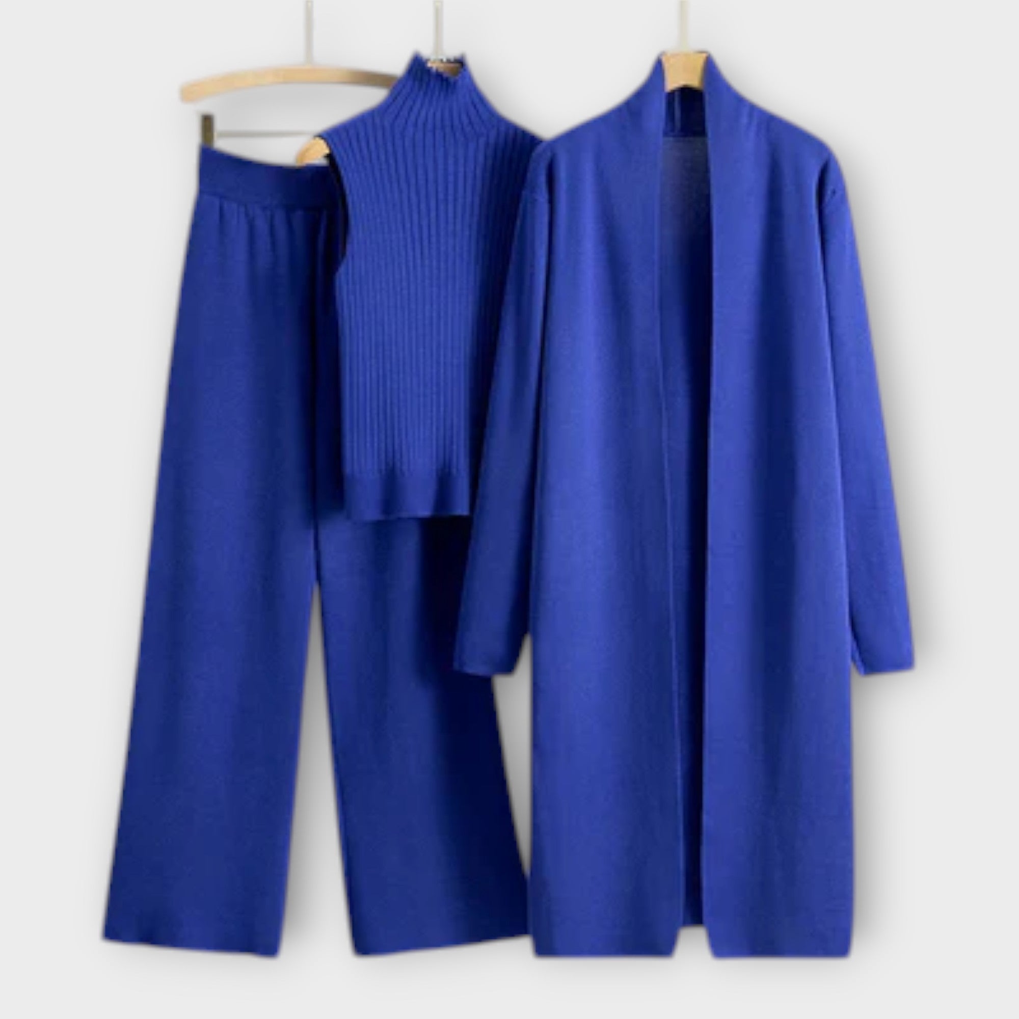 Isabella – Stylowy komplet trzyczęściowy: spodnie, top i kardigan