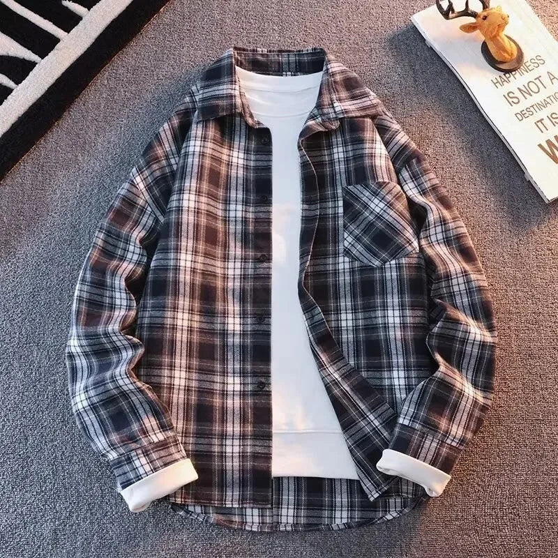 Bram - Frühling Herbst Karomuster Lockere Lange Ärmel Kragen Männer