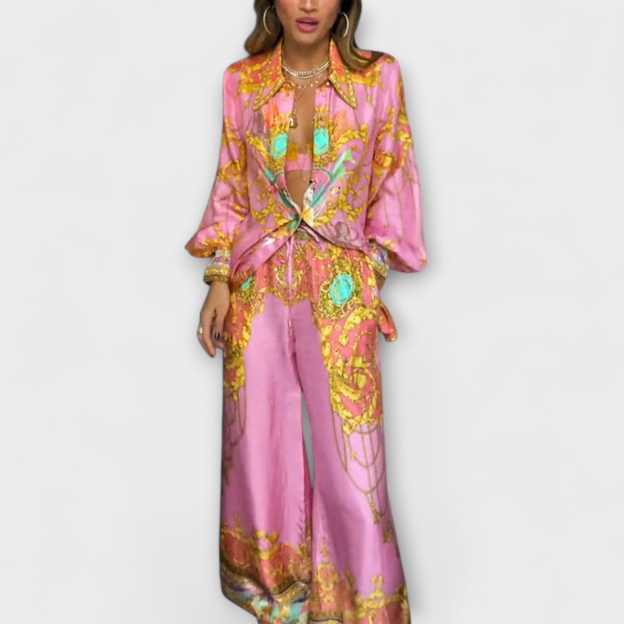 Sage – Zrelaksowany komplet z koszulą i spodniami z elastycznym pasem