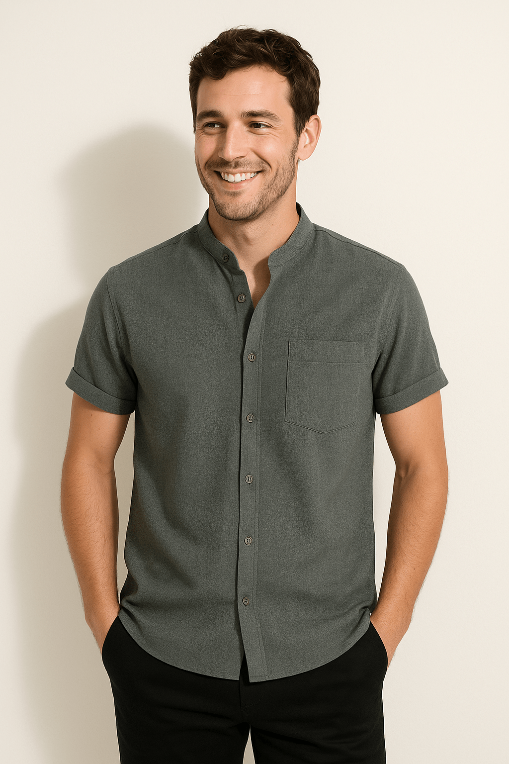 James Kurzarmhemd mit Stehkragen und Brusttasche