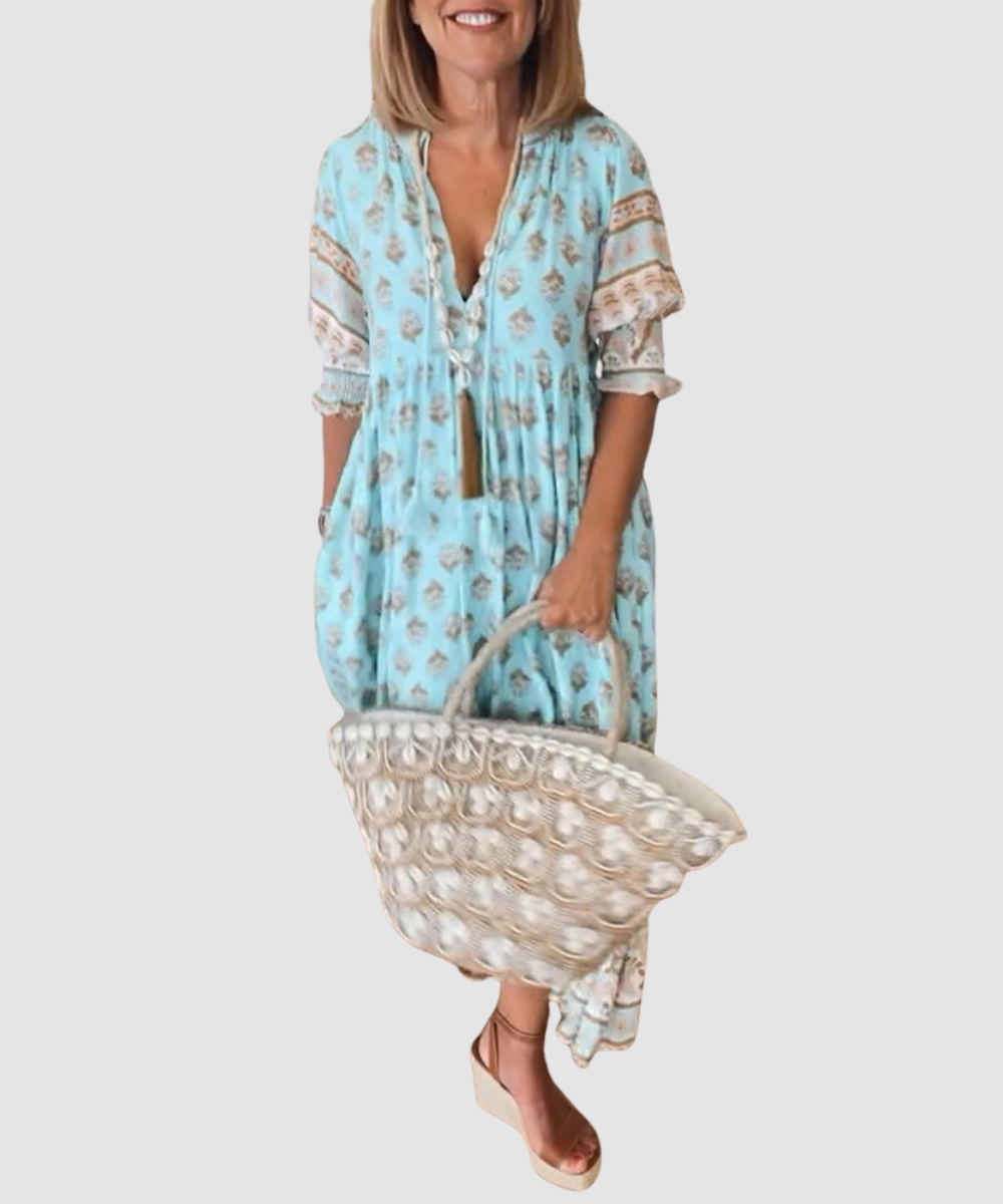 Essenz Maya Printed Midi Dress with Lantern Sleeves