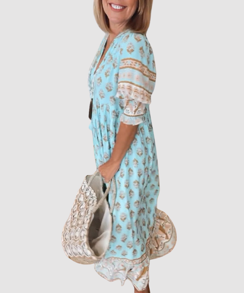 Essenz Maya Printed Midi Dress with Lantern Sleeves