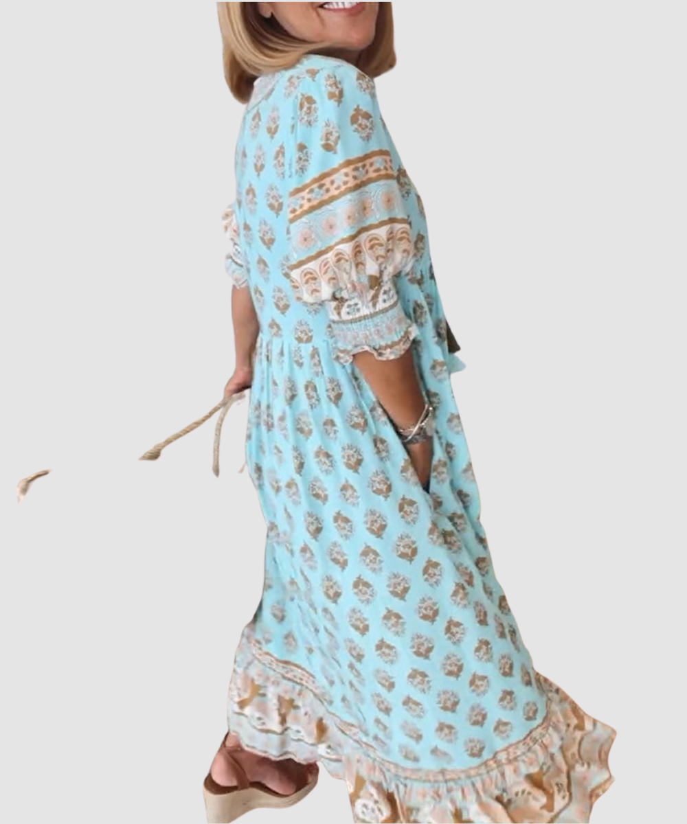 Essenz Maya Printed Midi Dress with Lantern Sleeves