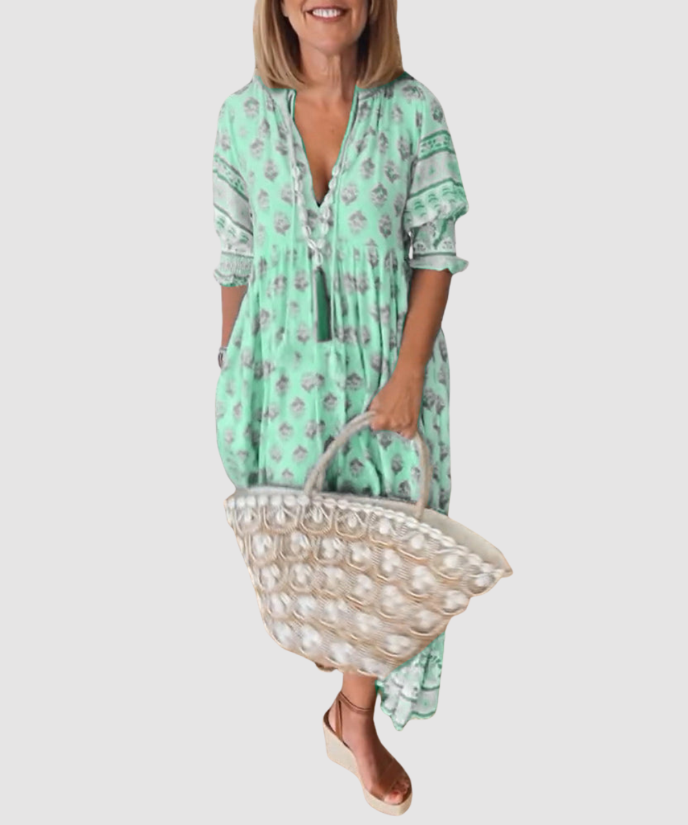 Essenz Maya Printed Midi Dress with Lantern Sleeves