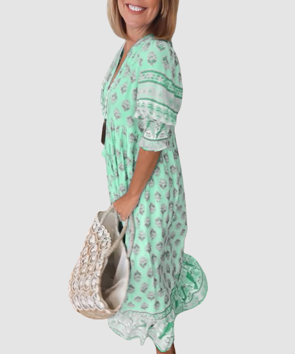 Essenz Maya Printed Midi Dress with Lantern Sleeves