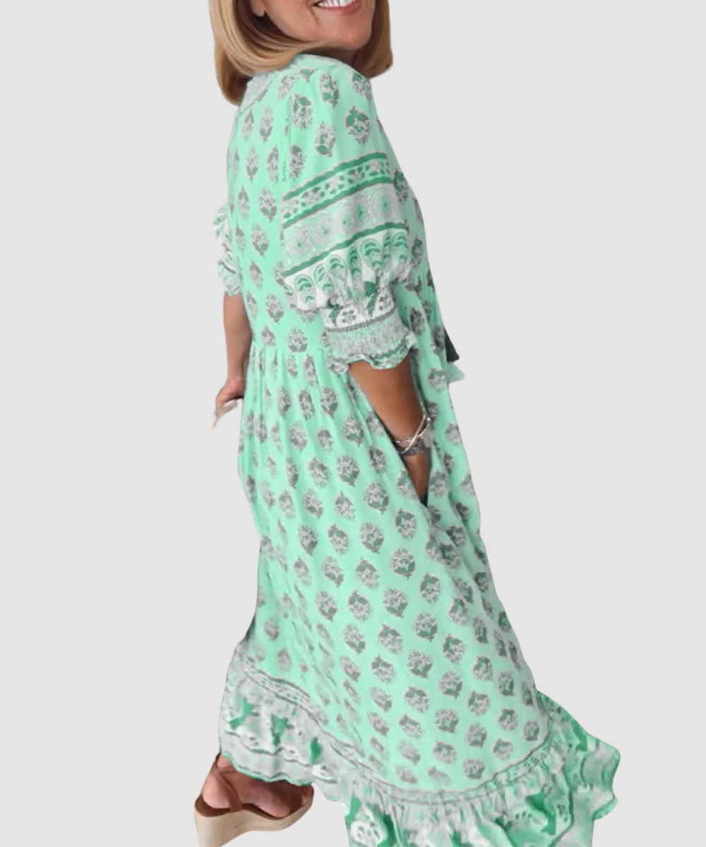 Essenz Maya Printed Midi Dress with Lantern Sleeves