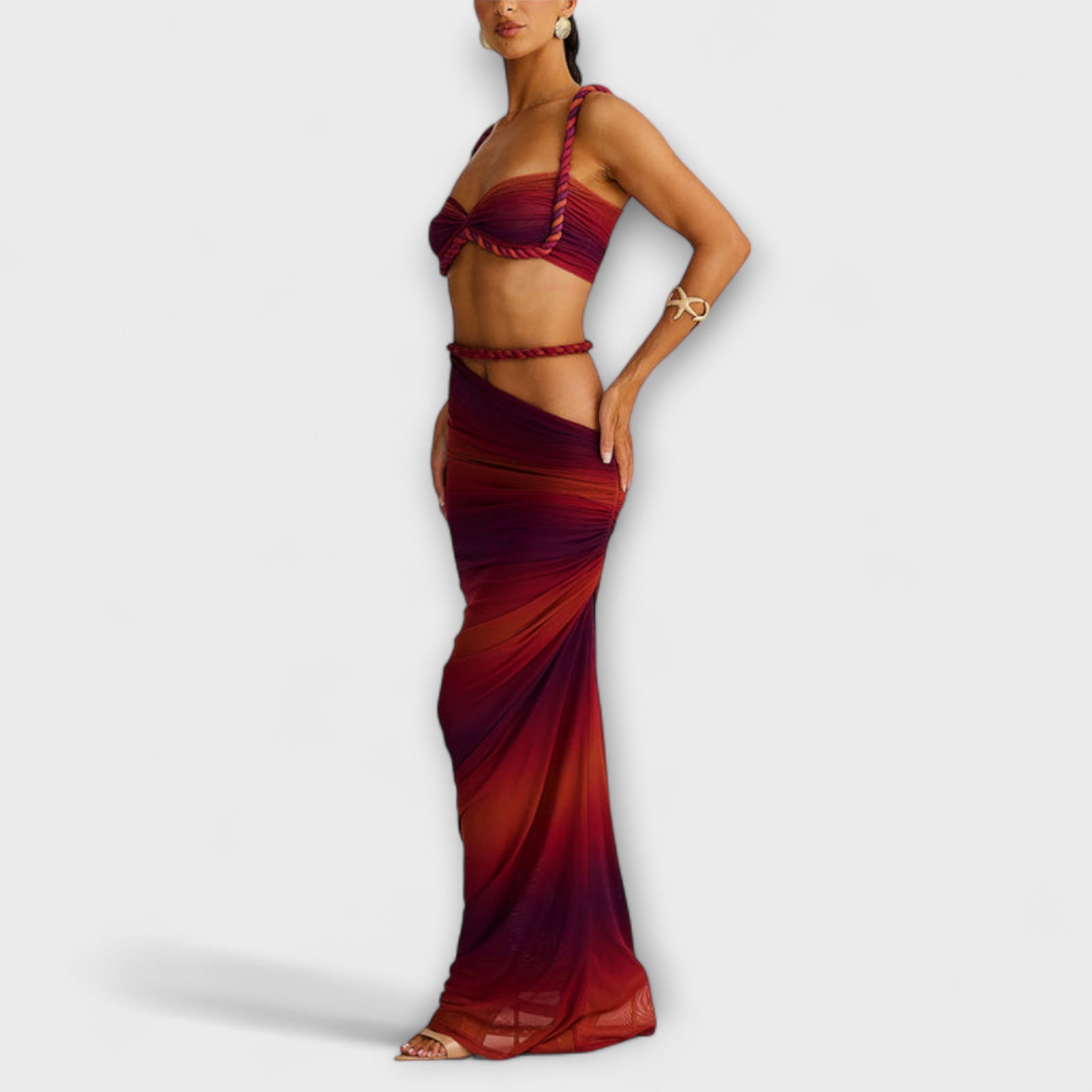 Jane – Stylowy Dwuczęściowy Zestaw: Krótki Top i Spódnica z Efektem Ombre