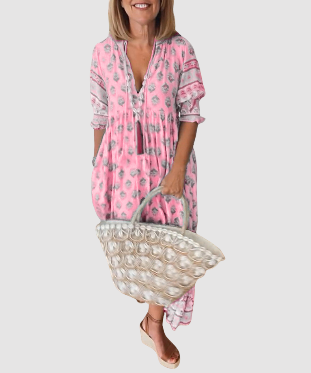 Essenz Maya Printed Midi Dress with Lantern Sleeves