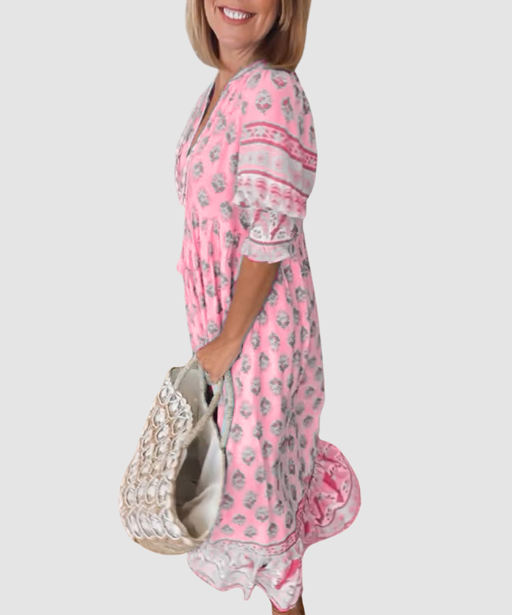 Essenz Maya Printed Midi Dress with Lantern Sleeves