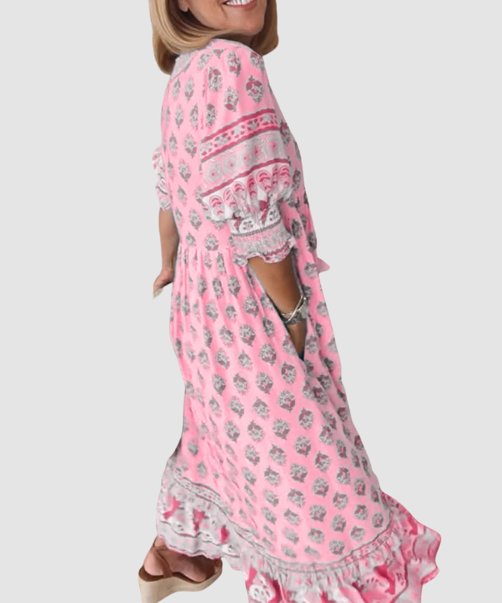 Essenz Maya Printed Midi Dress with Lantern Sleeves