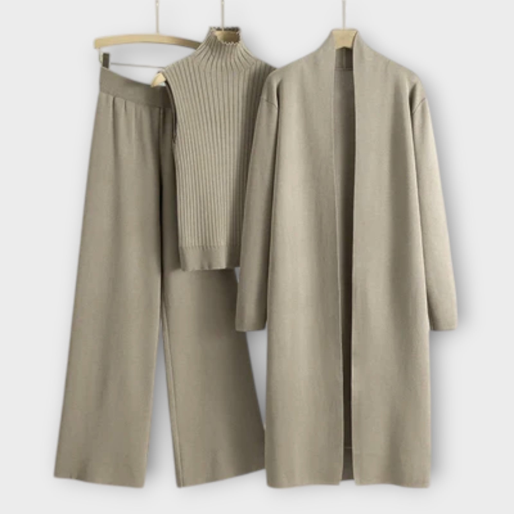 Isabella – Stylowy komplet trzyczęściowy: spodnie, top i kardigan